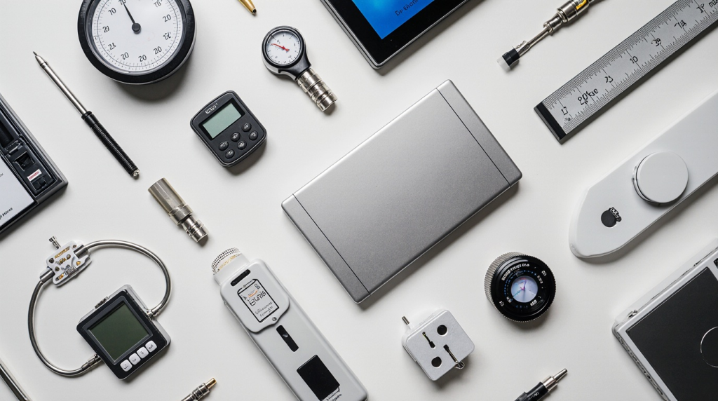 Various precision measurement instruments displayed